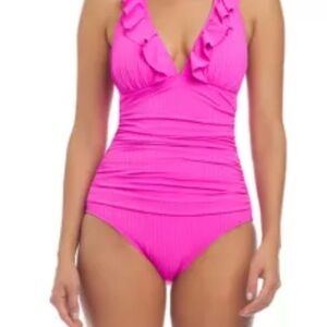 Into The Bleu Ruffle,adjustable halter ties,padded,ribbed texture,tummy drape